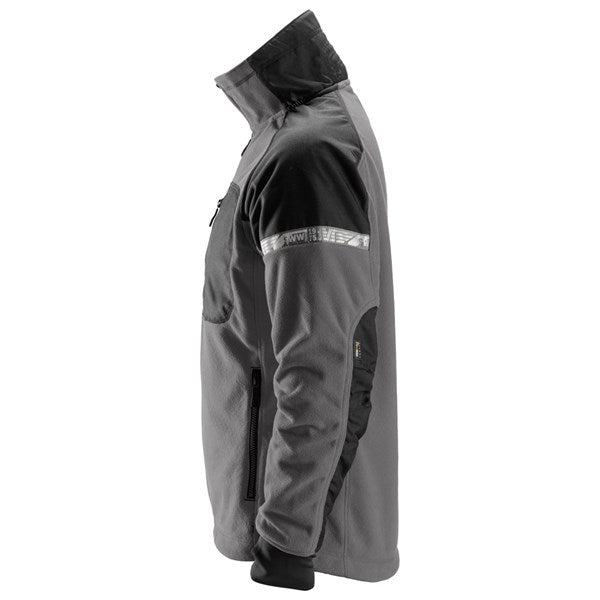 Versatile fleece jacket with pre-bent sleeves and breathable fabric.