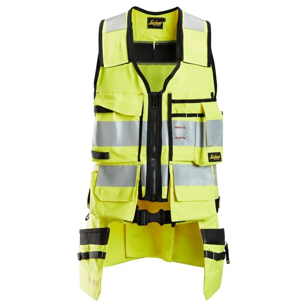 Flame-retardant tool vest with Kevlar® reinforcements and reflective tape.