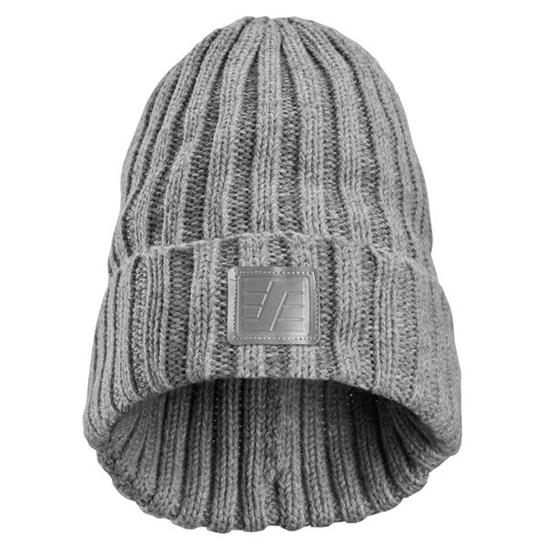 Reflective thread beanie with fold-up design for extra warmth.