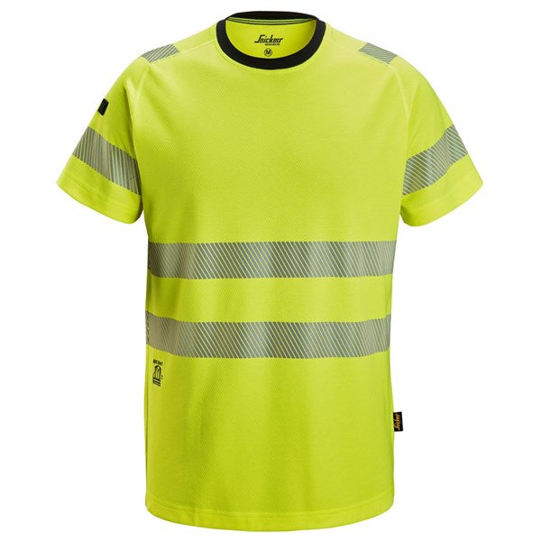 High-visibility double-weave t-shirt with heat-sealed segmented reflective tape.