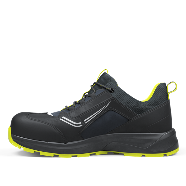 Lightweight sporty safety shoes with fiberglass toe cap and slip-resistant rubber outsole.