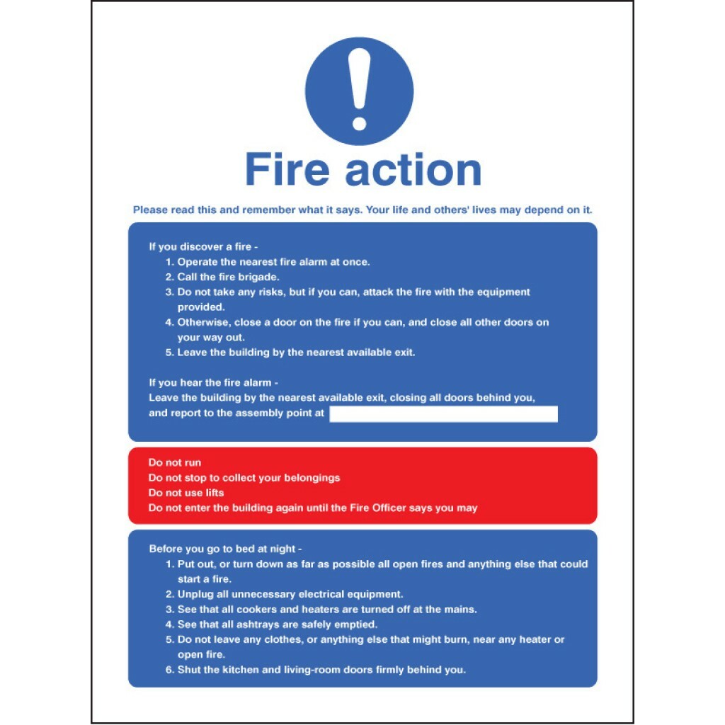 Fire Action Sign For Homes / Multi-Occupancy Buildings