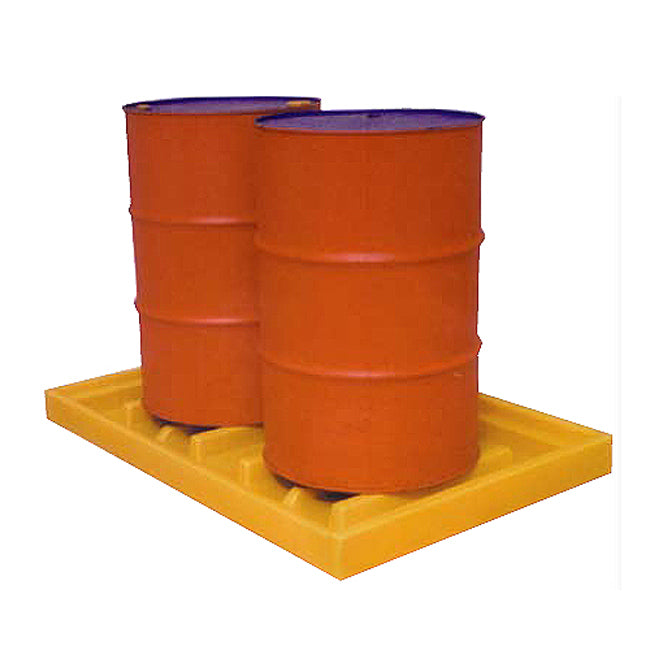 Yellow floor tray with two red drums on top.